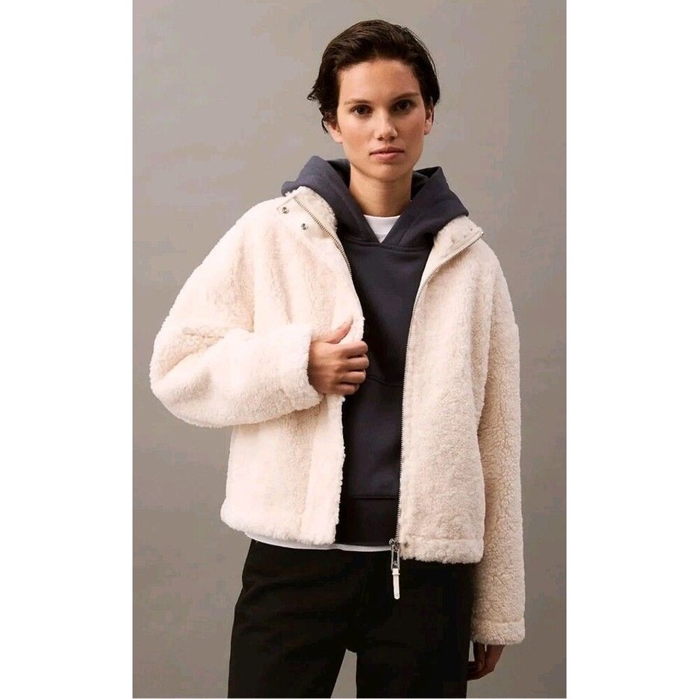 NWT Calvin Klein Relaxed Sherpa Jacket Ivory Cream Teddy Fleece Full-Zip Size XL